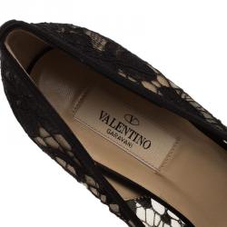 Pre Owned Valentino Black Floral Couture Bow Lace Peep Toe Platform Pumps Size 38