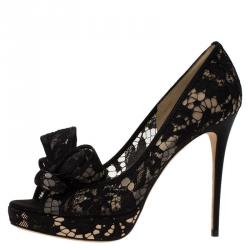 Pre Owned Valentino Black Floral Couture Bow Lace Peep Toe Platform Pumps Size 39.5