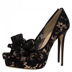 Pre Owned Valentino Black Floral Couture Bow Lace Peep Toe Platform Pumps Size 39.5