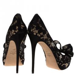 Pre Owned Valentino Black Floral Couture Bow Lace Peep Toe Platform Pumps Size 39.5