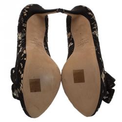 Pre Owned Valentino Black Floral Couture Bow Lace Peep Toe Platform Pumps Size 39.5