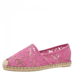 Pre Owned Valentino Pink Leather and Lace Espadrilles Size 41