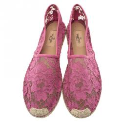 Pre Owned Valentino Pink Leather and Lace Espadrilles Size 41