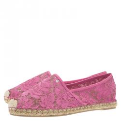 Pre Owned Valentino Pink Leather and Lace Espadrilles Size 41