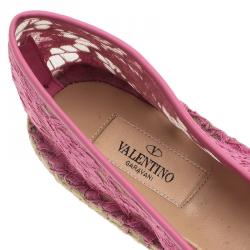Pre Owned Valentino Pink Leather and Lace Espadrilles Size 41