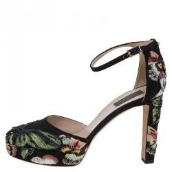 Pre Owned Valentino Black Camubutterfly Embroidered Suede Ankle Strap Platform Pumps Size 40