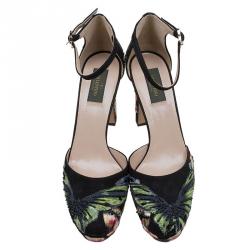 Pre Owned Valentino Black Camubutterfly Embroidered Suede Ankle Strap Platform Pumps Size 40