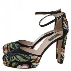 Pre Owned Valentino Black Camubutterfly Embroidered Suede Ankle Strap Platform Pumps Size 40