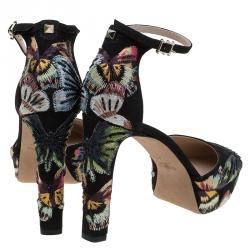 Pre Owned Valentino Black Camubutterfly Embroidered Suede Ankle Strap Platform Pumps Size 40