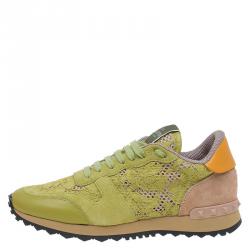 Pre Owned Valentino Lime Green Leather and Macramé Lace Sneakers Size 40.5