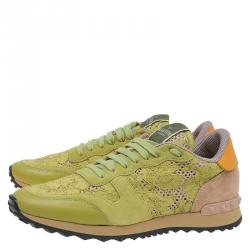 Pre Owned Valentino Lime Green Leather and Macramé Lace Sneakers Size 40.5