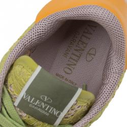 Pre Owned Valentino Lime Green Leather and Macramé Lace Sneakers Size 40.5