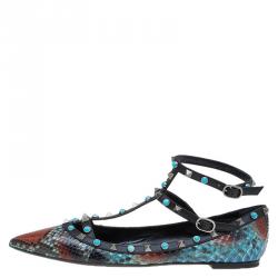 Pre Owned Valentino Multicolor Python Rolling Rockstud Cage Flats Size 41