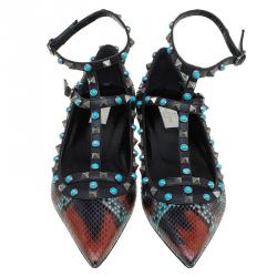 Pre Owned Valentino Multicolor Python Rolling Rockstud Cage Flats Size 41