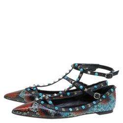 Pre Owned Valentino Multicolor Python Rolling Rockstud Cage Flats Size 41