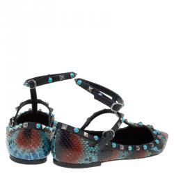 Pre Owned Valentino Multicolor Python Rolling Rockstud Cage Flats Size 41