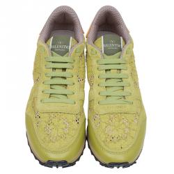 Pre Owned Valentino Lime Green Leather and Macramé Lace Sneakers Size 41