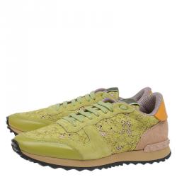 Pre Owned Valentino Lime Green Leather and Macramé Lace Sneakers Size 41