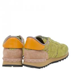 Pre Owned Valentino Lime Green Leather and Macramé Lace Sneakers Size 41