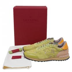 Pre Owned Valentino Lime Green Leather and Macramé Lace Sneakers Size 41