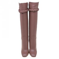 Pre Owned Valentino Blush Pink Leather Braided Over the Knee Boots Size 37.5