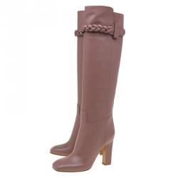 Pre Owned Valentino Blush Pink Leather Braided Over the Knee Boots Size 37.5