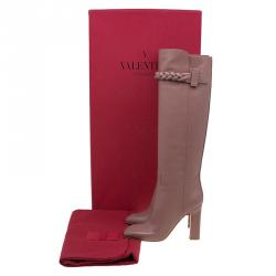 Pre Owned Valentino Blush Pink Leather Braided Over the Knee Boots Size 37.5