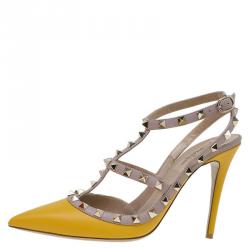 Pre Owned Valentino Yellow and Beige Leather Rockstud Sandals Size 39