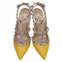 Pre Owned Valentino Yellow and Beige Leather Rockstud Sandals Size 39