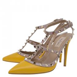 Pre Owned Valentino Yellow and Beige Leather Rockstud Sandals Size 39
