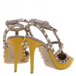 Pre Owned Valentino Yellow and Beige Leather Rockstud Sandals Size 39