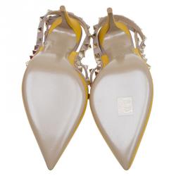 Pre Owned Valentino Yellow and Beige Leather Rockstud Sandals Size 39
