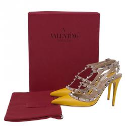 Pre Owned Valentino Yellow and Beige Leather Rockstud Sandals Size 39