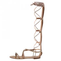 Pre Owned Valentino Beige Leather Knee- High Rockstud Gladiator Sandals Size 40