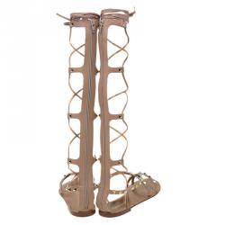 Pre Owned Valentino Beige Leather Knee- High Rockstud Gladiator Sandals Size 40