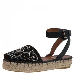 Pre Owned Valentino Black Embellished Suede and Leather Ankle Strap Espadrilles Size 38