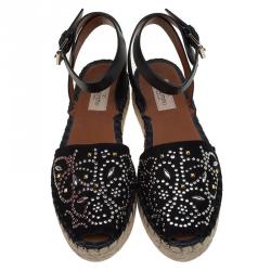 Pre Owned Valentino Black Embellished Suede and Leather Ankle Strap Espadrilles Size 38