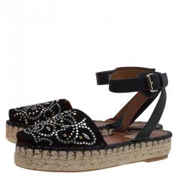 Pre Owned Valentino Black Embellished Suede and Leather Ankle Strap Espadrilles Size 38