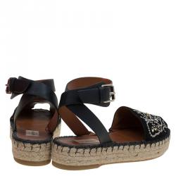 Pre Owned Valentino Black Embellished Suede and Leather Ankle Strap Espadrilles Size 38