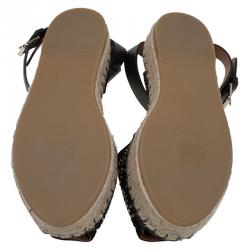 Pre Owned Valentino Black Embellished Suede and Leather Ankle Strap Espadrilles Size 38