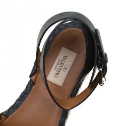 Pre Owned Valentino Black Embellished Suede and Leather Ankle Strap Espadrilles Size 38