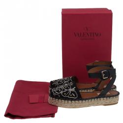 Pre Owned Valentino Black Embellished Suede and Leather Ankle Strap Espadrilles Size 38