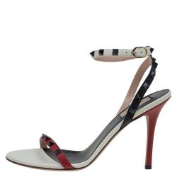 Pre Owned Valentino Tricolor Leather Rockstud Ankle Strap Sandals Size 40
