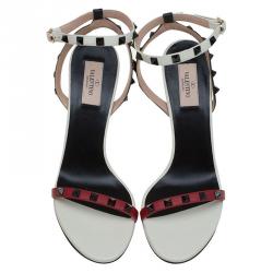 Pre Owned Valentino Tricolor Leather Rockstud Ankle Strap Sandals Size 40
