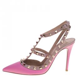 Pre Owned Valentino Pink and Beige Leather Rockstud Sandals Size 38
