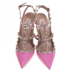 Pre Owned Valentino Pink and Beige Leather Rockstud Sandals Size 38