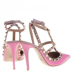 Pre Owned Valentino Pink and Beige Leather Rockstud Sandals Size 38