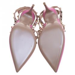 Pre Owned Valentino Pink and Beige Leather Rockstud Sandals Size 38