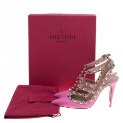 Pre Owned Valentino Pink and Beige Leather Rockstud Sandals Size 38