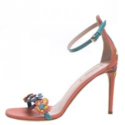 Pre Owned Valentino Multicolor Floral Embellished Leather Ankle Strap Sandals Size 38